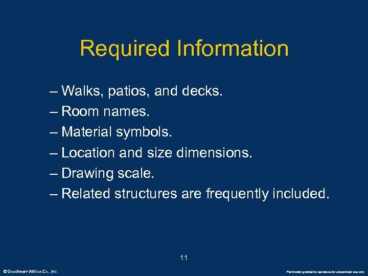 Required Information – Walks, patios, and decks. – Room names. – Material symbols. –