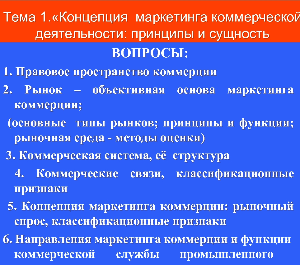 Тема 1. «Концепция маркетинга коммерческой деятельности: принципы и сущность ВОПРОСЫ: 1. Правовое пространство коммерции