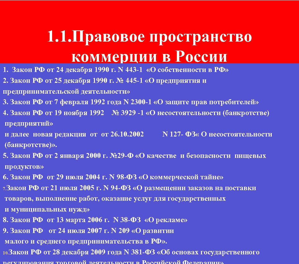 1. 1. Правовое пространство коммерции в России 1. Закон РФ от 24 декабря 1990