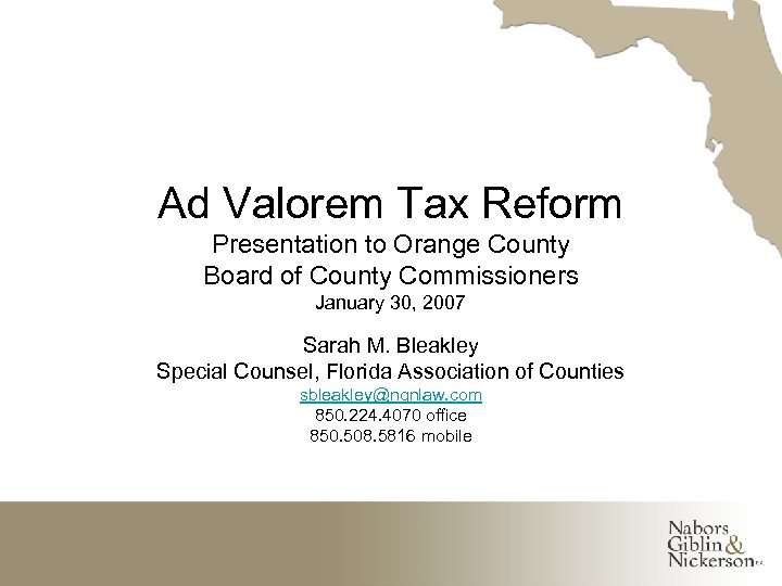 Ad Valorem Tax Reform Presentation to Orange County Board of County Commissioners January 30,