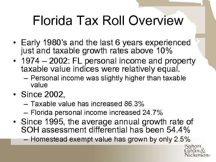 Florida Tax Roll Overview • Early 1980’s and the last 6 years experienced just