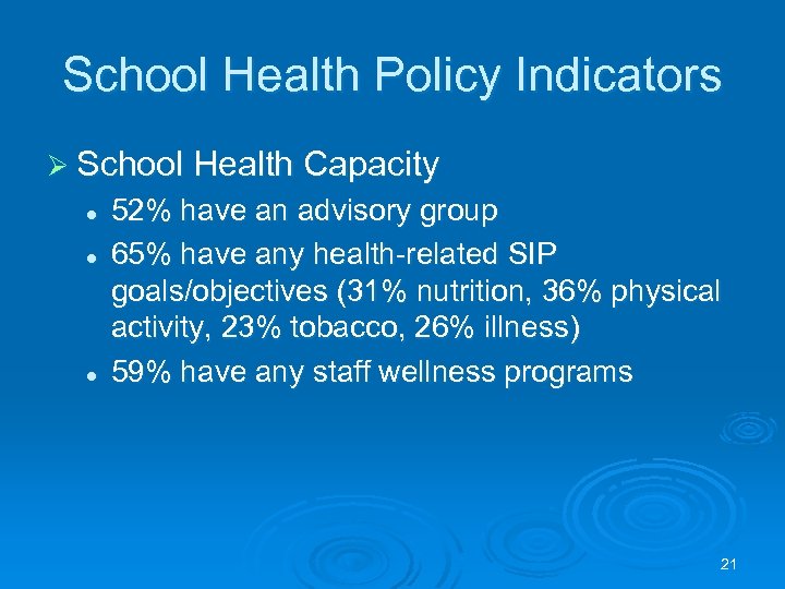 School Health Policy Indicators Ø School Health Capacity l l l 52% have an