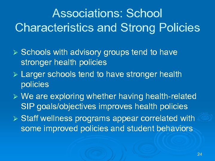 Associations: School Characteristics and Strong Policies Schools with advisory groups tend to have stronger