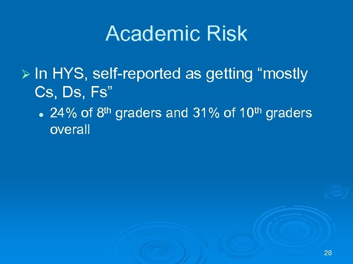 Academic Risk Ø In HYS, self-reported as getting “mostly Cs, Ds, Fs” l 24%