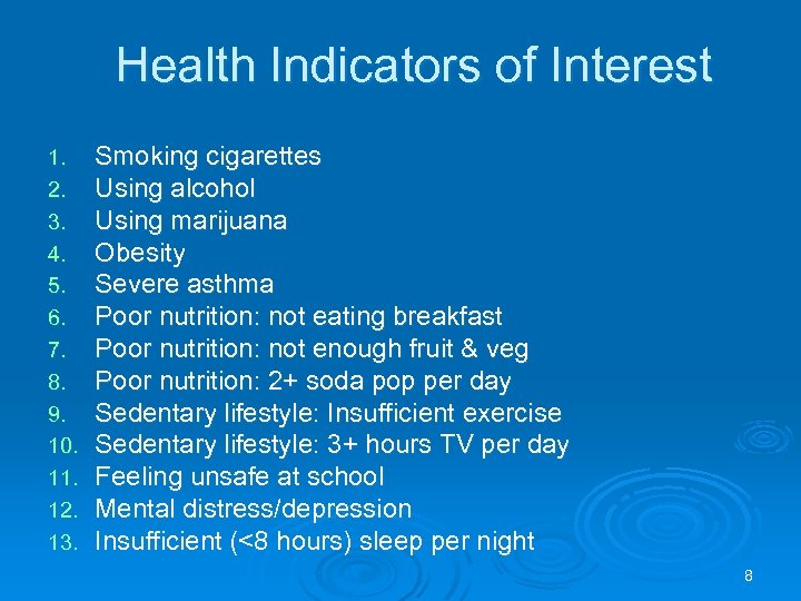 Health Indicators of Interest 1. 2. 3. 4. 5. 6. 7. 8. 9. 10.