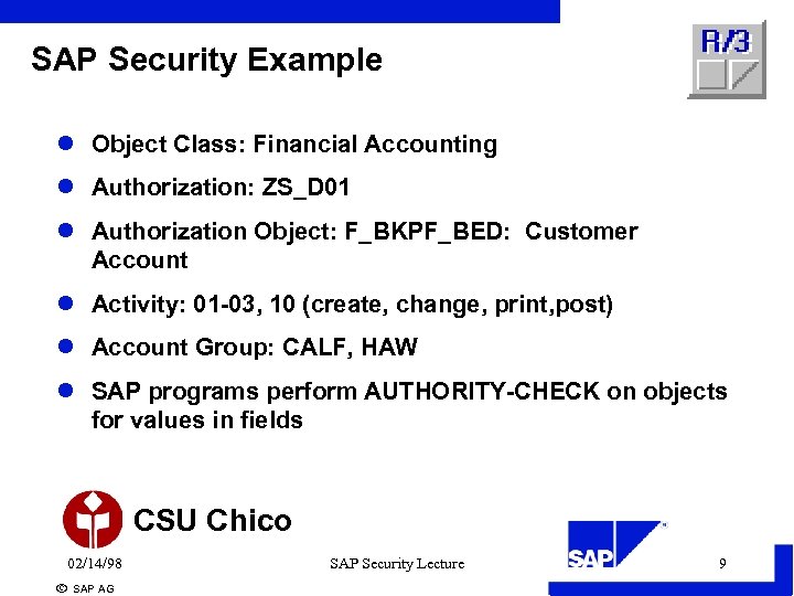 SAP Security Example l Object Class: Financial Accounting l Authorization: ZS_D 01 l Authorization