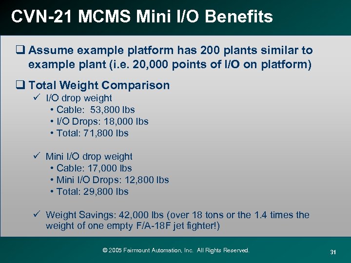 CVN-21 MCMS Mini I/O Benefits q Assume example platform has 200 plants similar to
