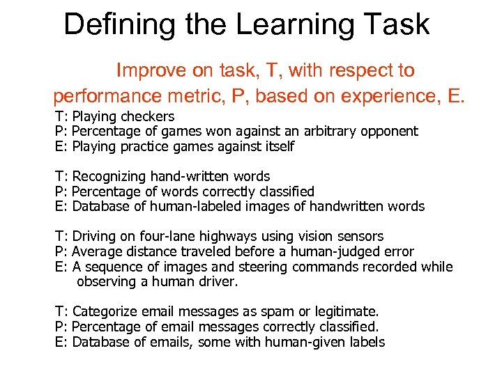 Defining the Learning Task Improve on task, T, with respect to performance metric, P,