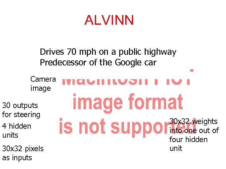 ALVINN Drives 70 mph on a public highway Predecessor of the Google car Camera