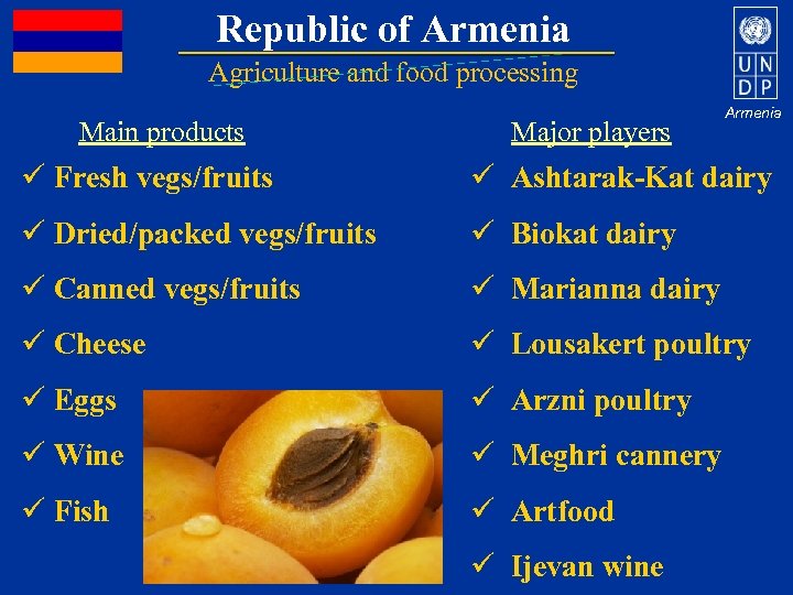 Republic of Armenia Agriculture and food processing Main products Major players Armenia ü Fresh