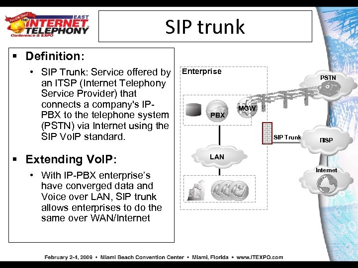 SIP trunk § Definition: • SIP Trunk: Service offered by an ITSP (Internet Telephony