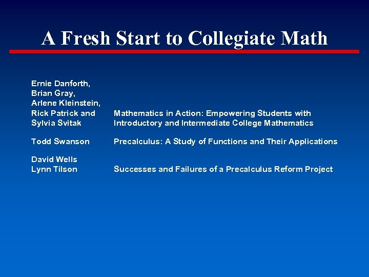 A Fresh Start to Collegiate Math Ernie Danforth, Brian Gray, Arlene Kleinstein, Rick Patrick