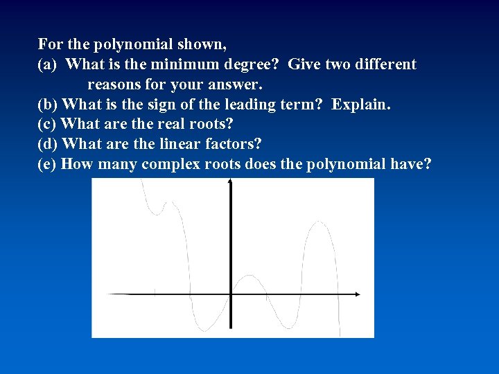 For the polynomial shown, (a) What is the minimum degree? Give two different reasons