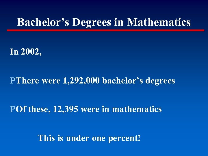 Bachelor’s Degrees in Mathematics In 2002, PThere were 1, 292, 000 bachelor’s degrees POf