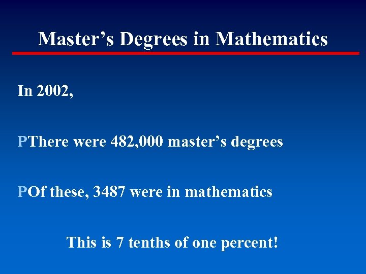 Master’s Degrees in Mathematics In 2002, PThere were 482, 000 master’s degrees POf these,