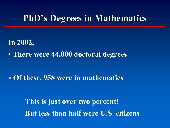 Ph. D’s Degrees in Mathematics In 2002, • There were 44, 000 doctoral degrees