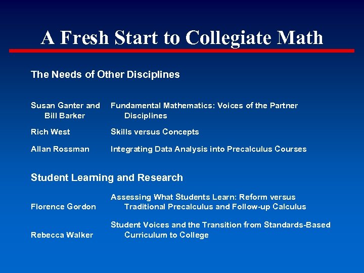 A Fresh Start to Collegiate Math The Needs of Other Disciplines Susan Ganter and