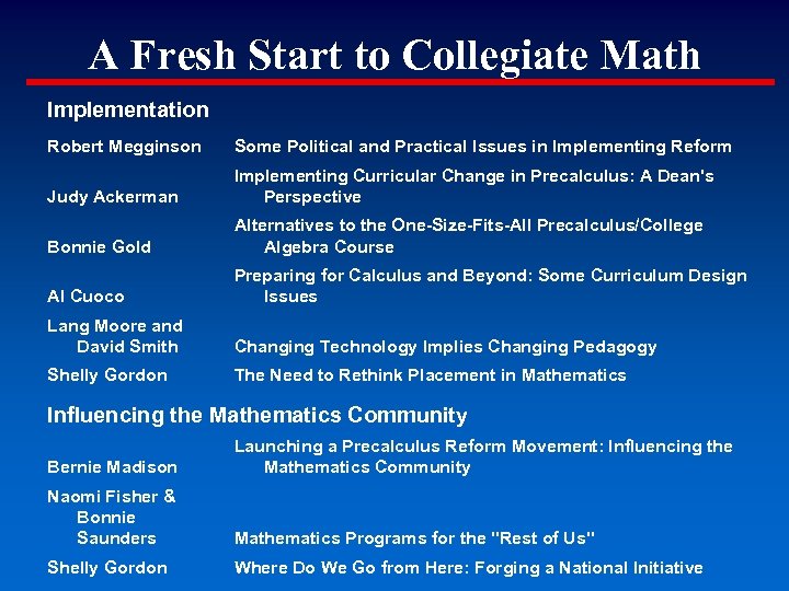 A Fresh Start to Collegiate Math Implementation Robert Megginson Some Political and Practical Issues