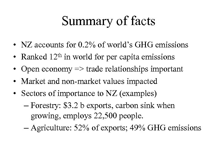 Summary of facts • • • NZ accounts for 0. 2% of world’s GHG