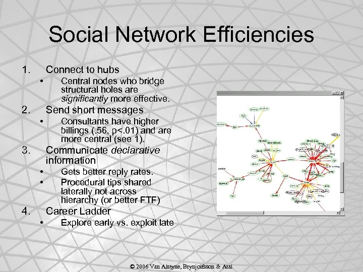Social Network Efficiencies 1. Connect to hubs • 2. Central nodes who bridge structural