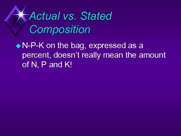 Actual vs. Stated Composition u N-P-K on the bag, expressed as a percent, doesn’t