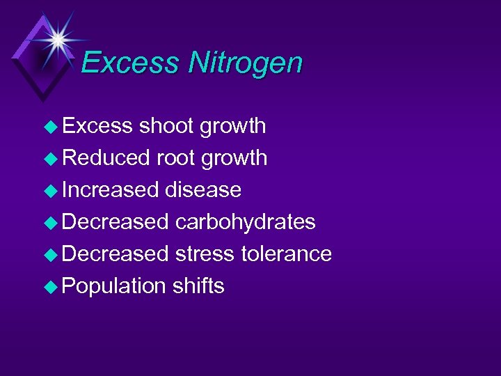 Excess Nitrogen u Excess shoot growth u Reduced root growth u Increased disease u