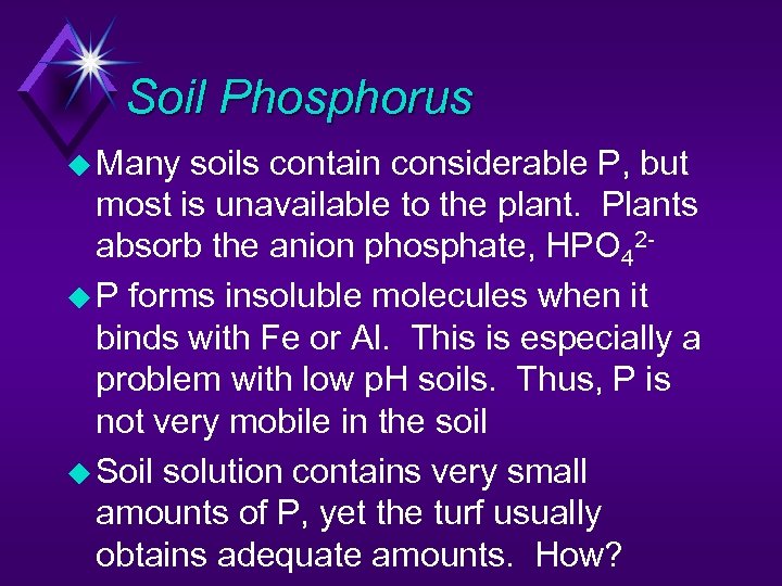Soil Phosphorus u Many soils contain considerable P, but most is unavailable to the