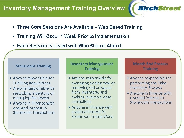 Inventory Management Training Overview § Three Core Sessions Are Available – Web Based Training