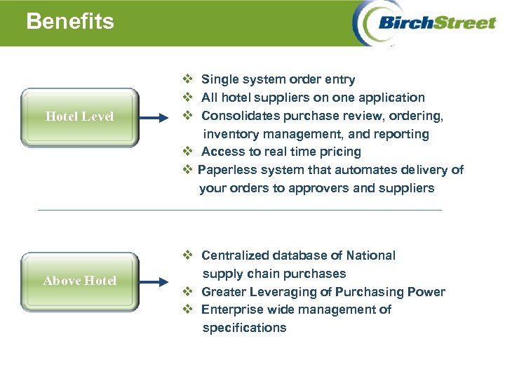 Benefits Hotel Level v Single system order entry v All hotel suppliers on one