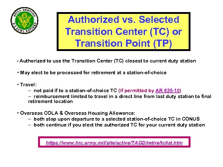 Authorized vs. Selected Transition Center (TC) or Transition Point (TP) • Authorized to use