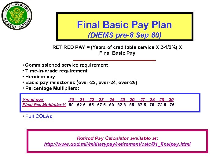 Final Basic Pay Plan (DIEMS pre-8 Sep 80) RETIRED PAY = (Years of creditable