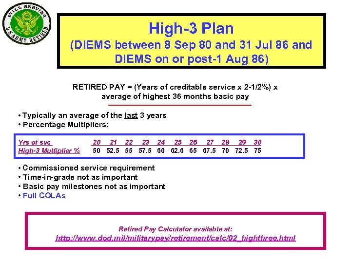 High-3 Plan (DIEMS between 8 Sep 80 and 31 Jul 86 and DIEMS on