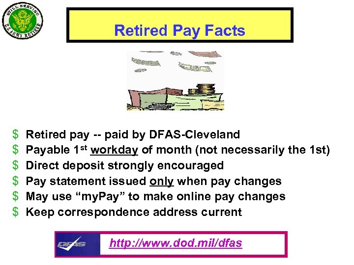 Retired Pay Facts $ $ $ Retired pay -- paid by DFAS-Cleveland Payable 1