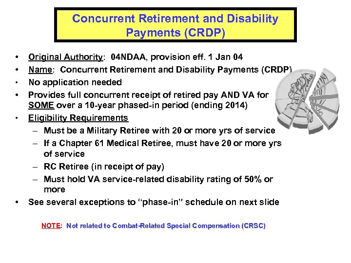 Concurrent Retirement and Disability Payments (CRDP) • • • Original Authority: 04 NDAA, provision