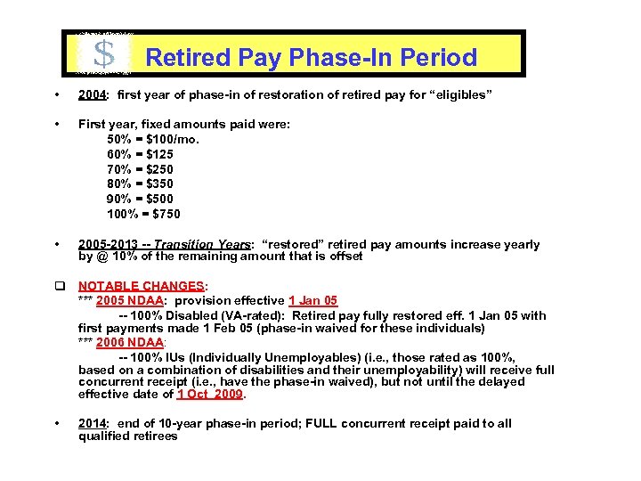 Retired Pay Phase-In Period • 2004: first year of phase-in of restoration of retired