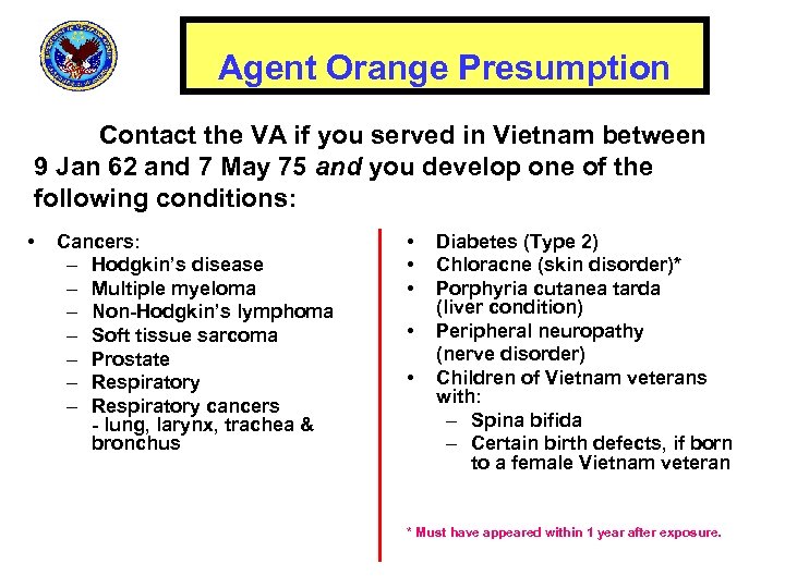 Agent Orange Presumption Contact the VA if you served in Vietnam between 9 Jan