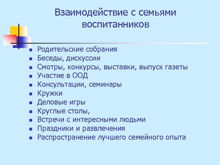 Взаимодействие с семьями воспитанников n n n Родительские собрания Беседы, дискуссии Смотры, конкурсы, выставки,