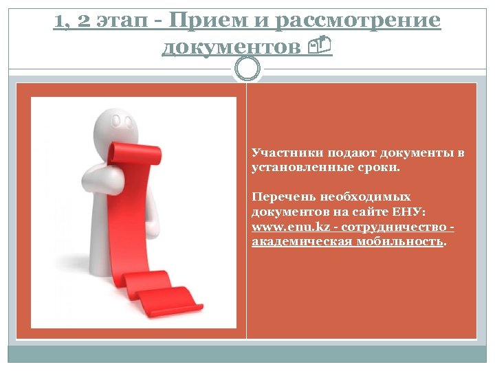 1, 2 этап - Прием и рассмотрение документов Участники подают документы в установленные сроки.