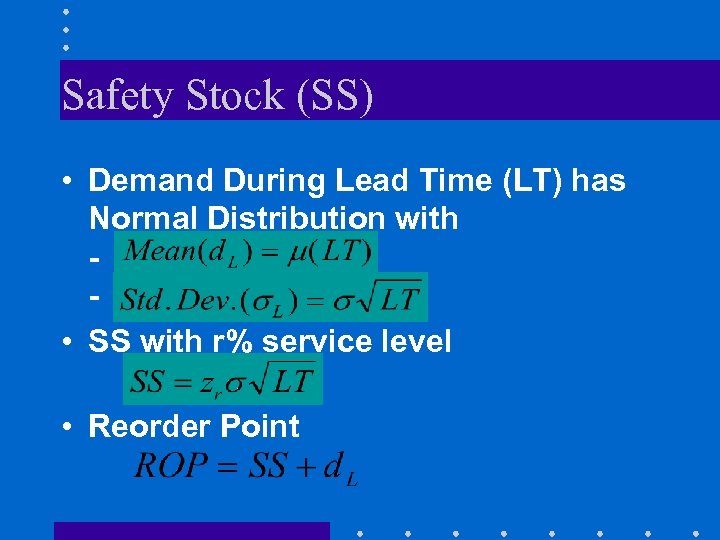 Safety Stock (SS) • Demand During Lead Time (LT) has Normal Distribution with •