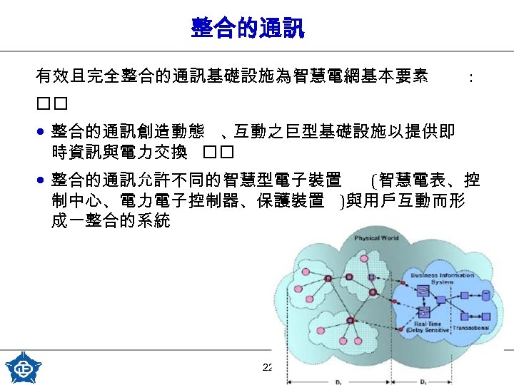 整合的通訊 有效且完全整合的通訊基礎設施為智慧電網基本要素 : • 整合的通訊創造動態 、 互動之巨型基礎設施以提供即 時資訊與電力交換 • 整合的通訊允許不同的智慧型電子裝置 (智慧電表、控 制中心、電力電子控制器、保護裝置 )與用戶互動而形 成一整合的系統