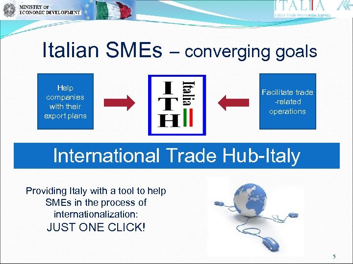 Italian SMEs – converging goals Help companies with their export plans Facilitate trade -related