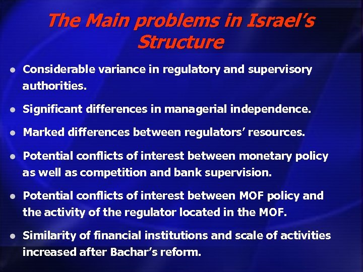 The Main problems in Israel’s Structure l Considerable variance in regulatory and supervisory authorities.