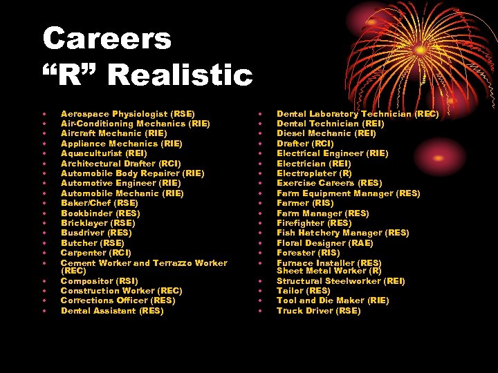 Careers “R” Realistic • • • • • Aerospace Physiologist (RSE) Air-Conditioning Mechanics (RIE)