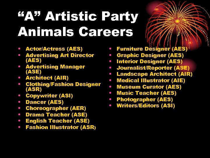 “A” Artistic Party Animals Careers • Actor/Actress (AES) • Advertising Art Director (AES) •