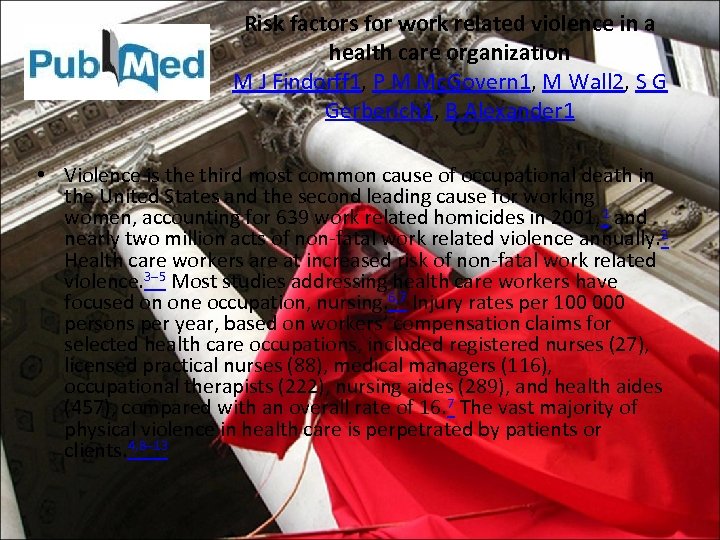 Risk factors for work related violence in a health care organization M J Findorff