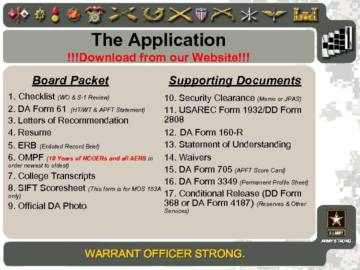 The Application !!!Download from our Website!!! Board Packet 1. Checklist (WO & S-1 Review)