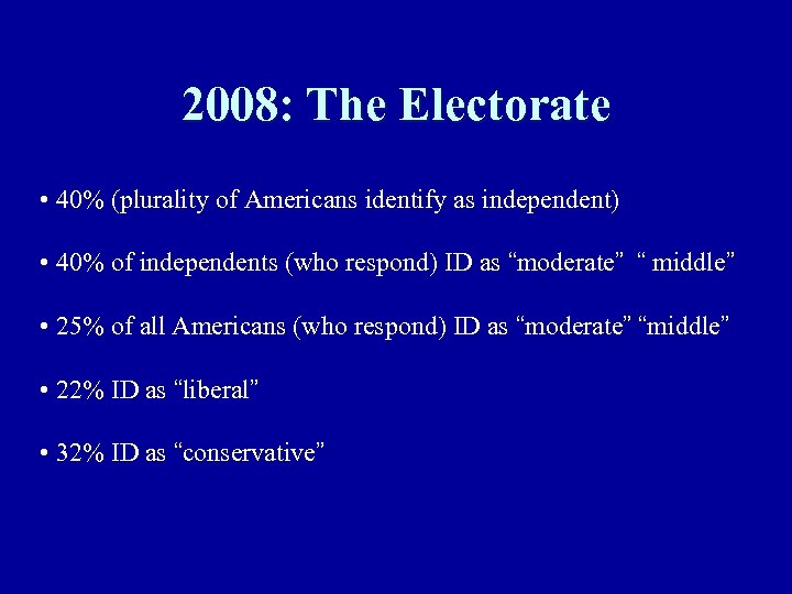 2008: The Electorate • 40% (plurality of Americans identify as independent) • 40% of