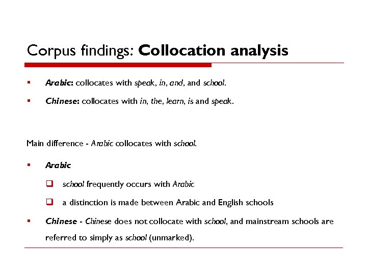 Corpus findings: Collocation analysis § Arabic: collocates with speak, in, and school. § Chinese: