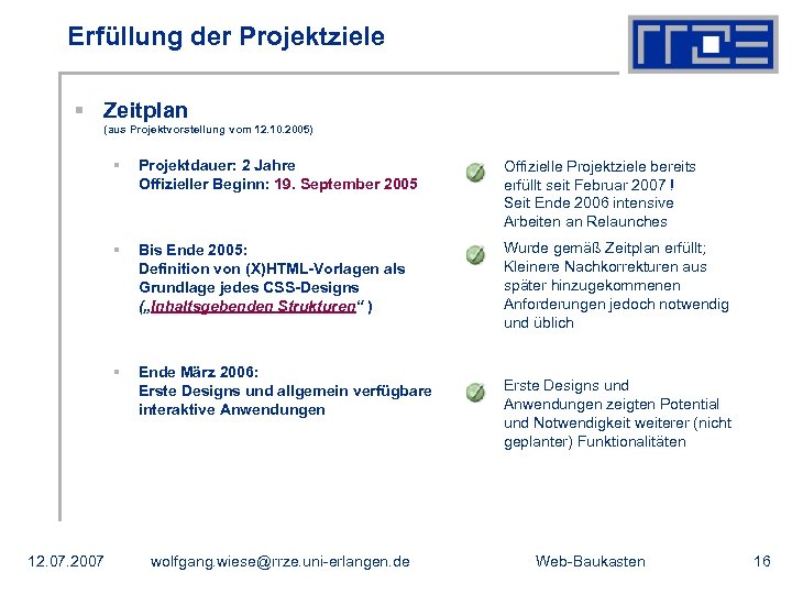 Erfüllung der Projektziele § Zeitplan (aus Projektvorstellung vom 12. 10. 2005) § Offizielle Projektziele