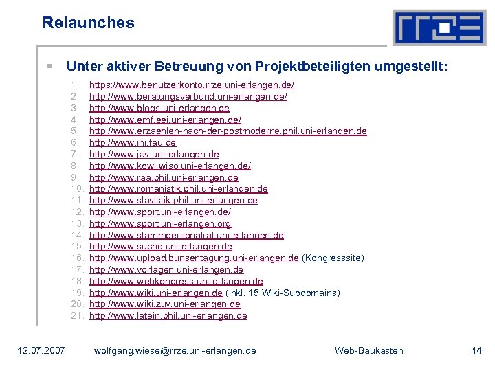 Relaunches § Unter aktiver Betreuung von Projektbeteiligten umgestellt: 1. 2. 3. 4. 5. 6.